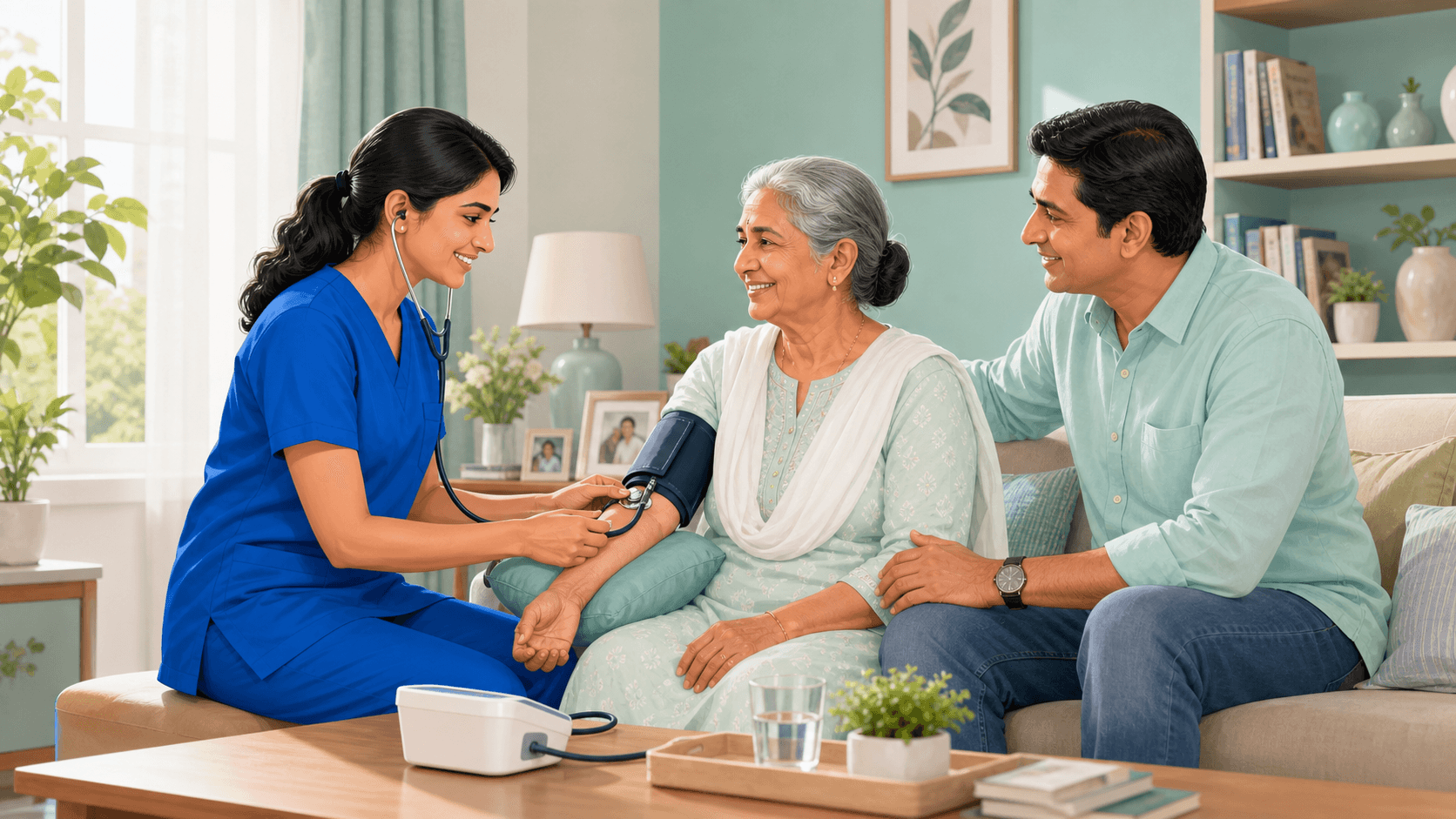 Home nurse checking an elderly patient with family support