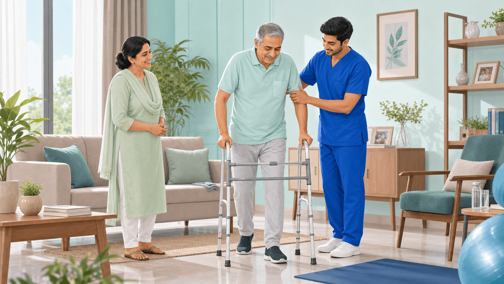 Care professional supporting an elderly patient during mobility training