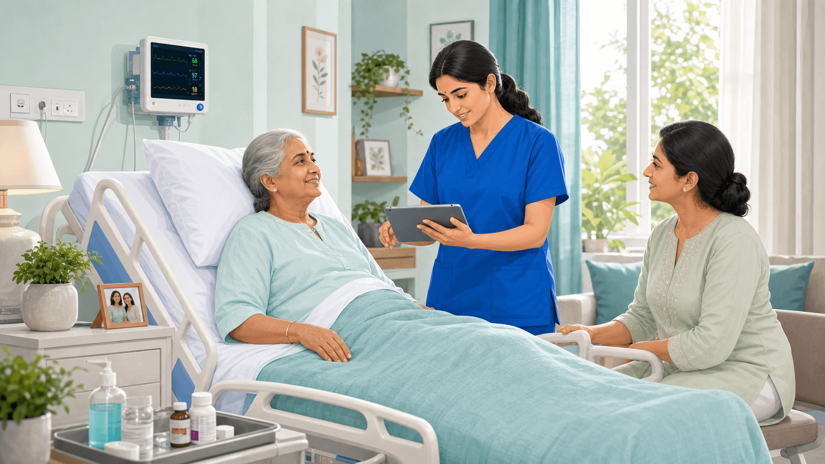 Nurse providing advanced post-operative care in a home-care room