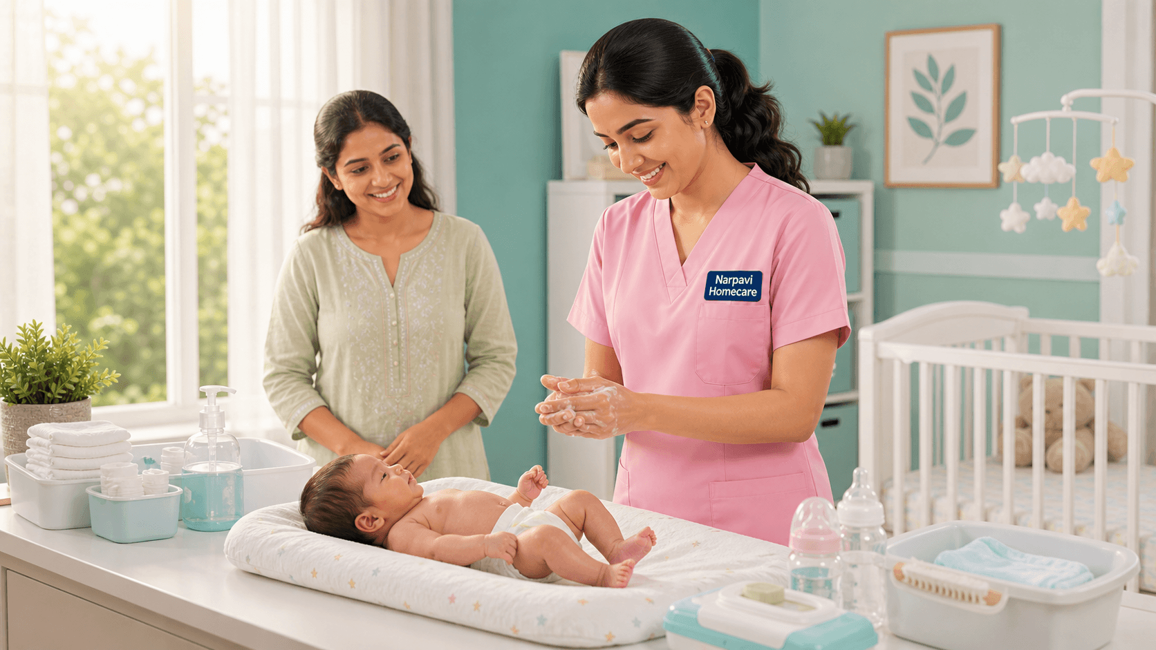 Narpavi baby caregiver following hygiene before newborn care